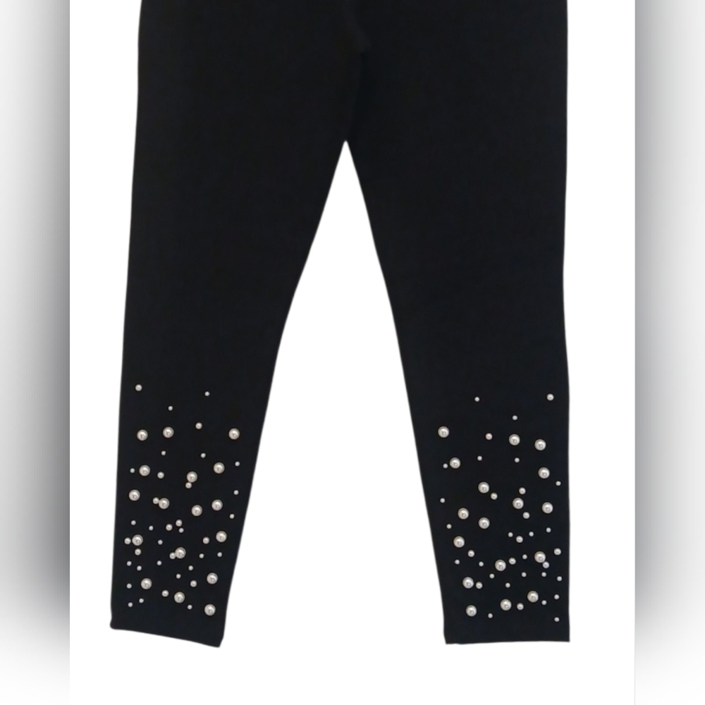 Athena Marie -Ladies Petite Black Pants,Faux Pearl Leg Embellishment,Lined Waist - Picture 5 of 10
